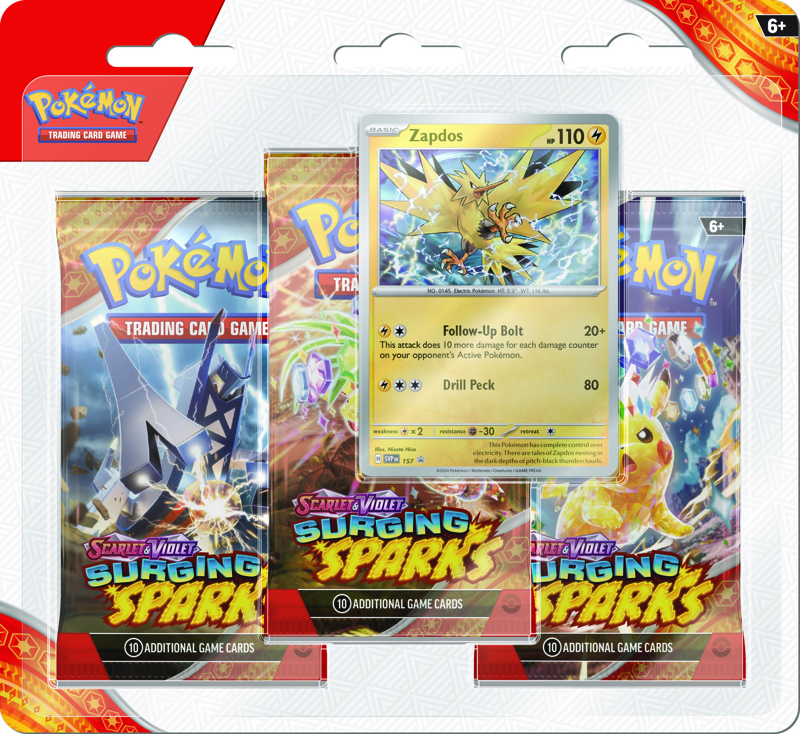 PRE-ORDER POKÉMON THREE PACK BLISTER SCARLET & VIOLET: SURGING SPARKS